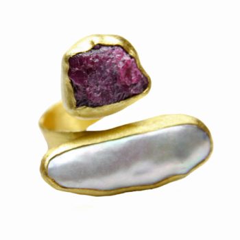 Efstathia Επίχρυσο ασημένιο δαχτυλίδι με ρουμπίνι & μαργαριτάρι