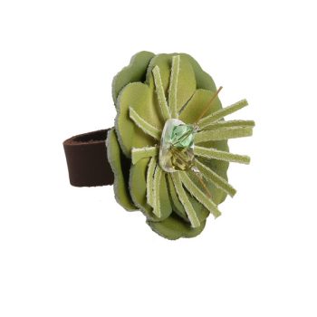 Jt Ασημένιο δαχτυλίδι με πράσινο δερμάτινο λουλούδι και Swarovski